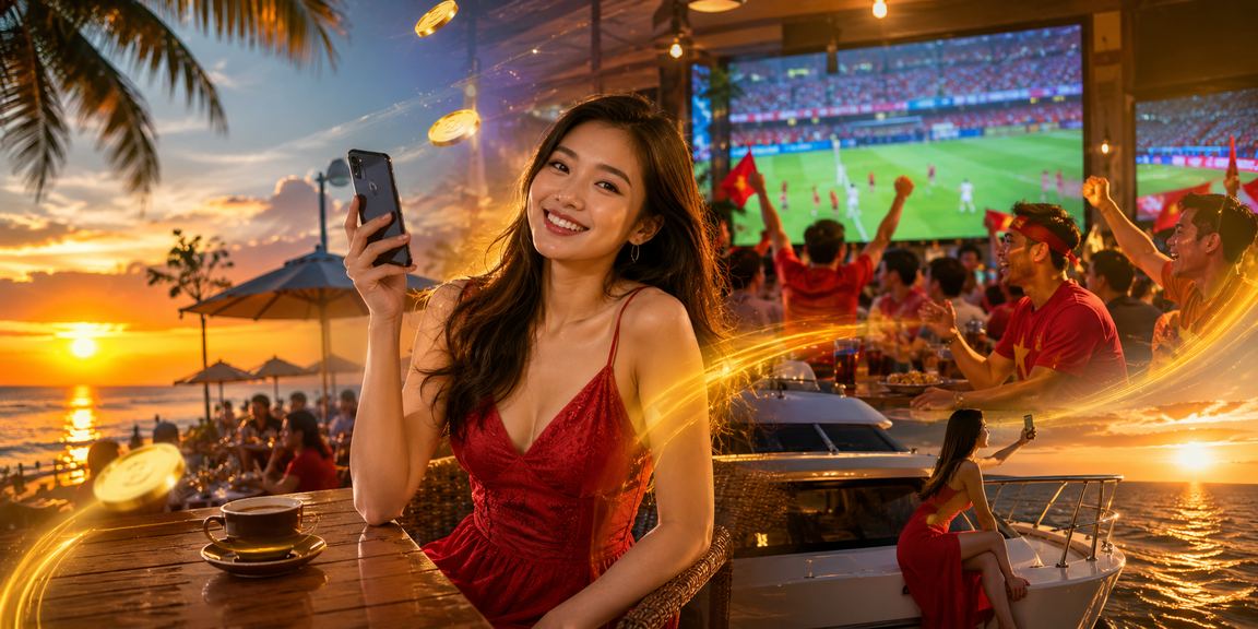 Góc cà phê view biển Phú Quốc — người dùng thư giãn và theo dõi kết quả xổ số trên điện thoại